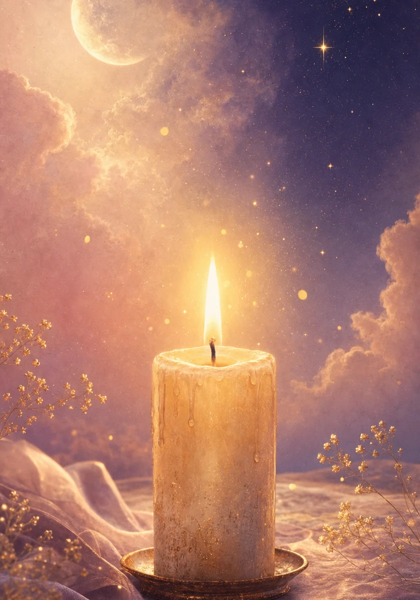 The Quiet Ritual Keeper archetype portrait — a gentle figure beside soft candlelight