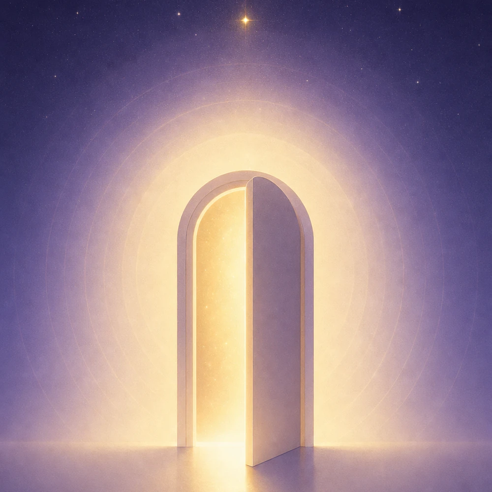 An open doorway glowing with soft lavender and gold light