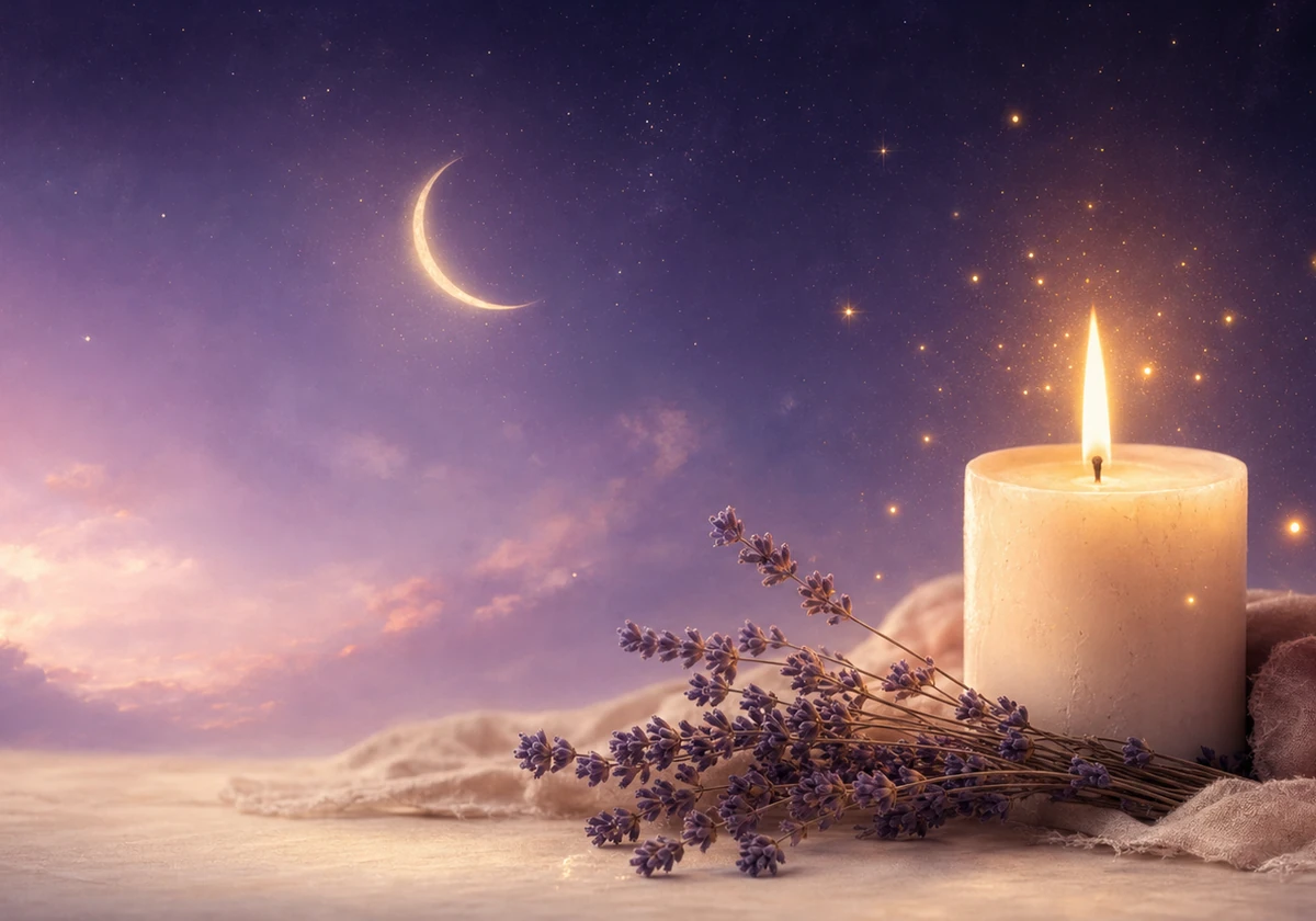 A single candle with lavender under a quiet moon