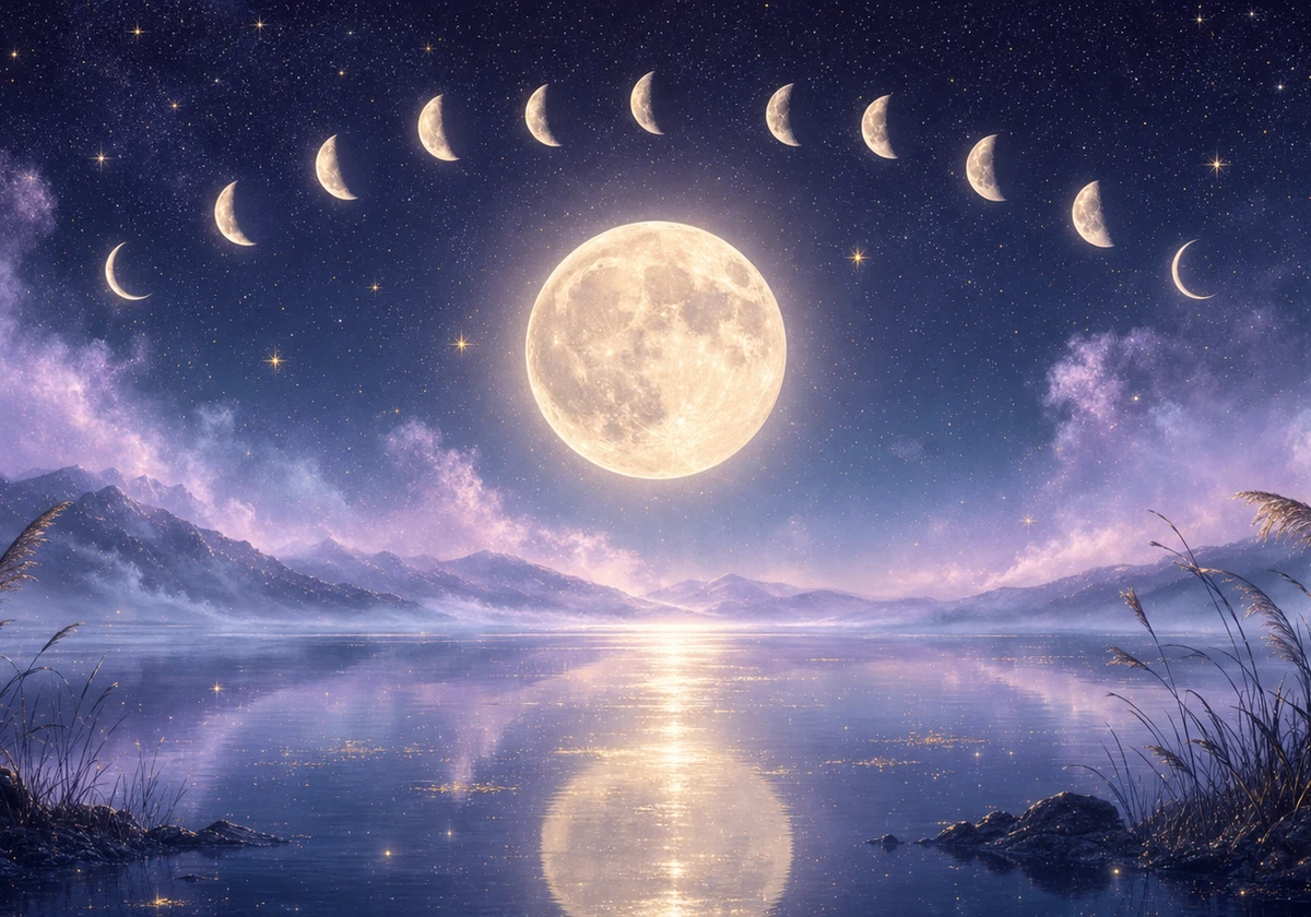 Moon phases above a quiet cream and lavender landscape