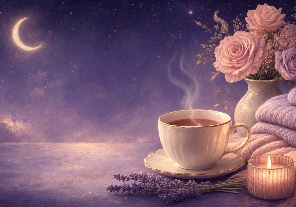 Tea, roses, and candlelight arranged for an unhurried self-care ritual